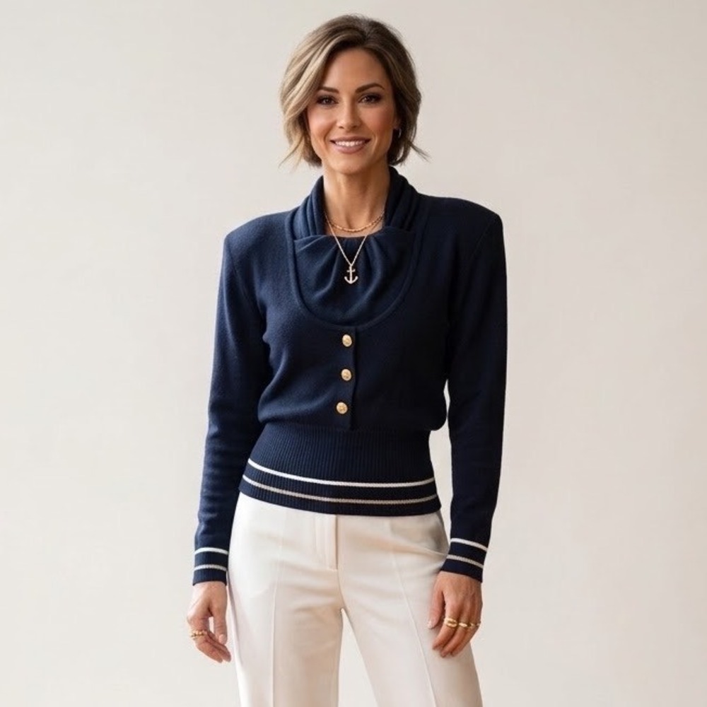 Semplice Navy Blue Nautical Wool Blend Knit Sweater Gold Button Women Medium